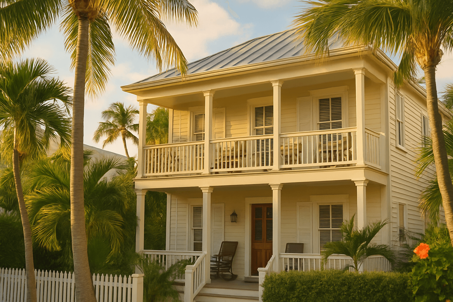 Illustration of a Key West-style residence with palm trees