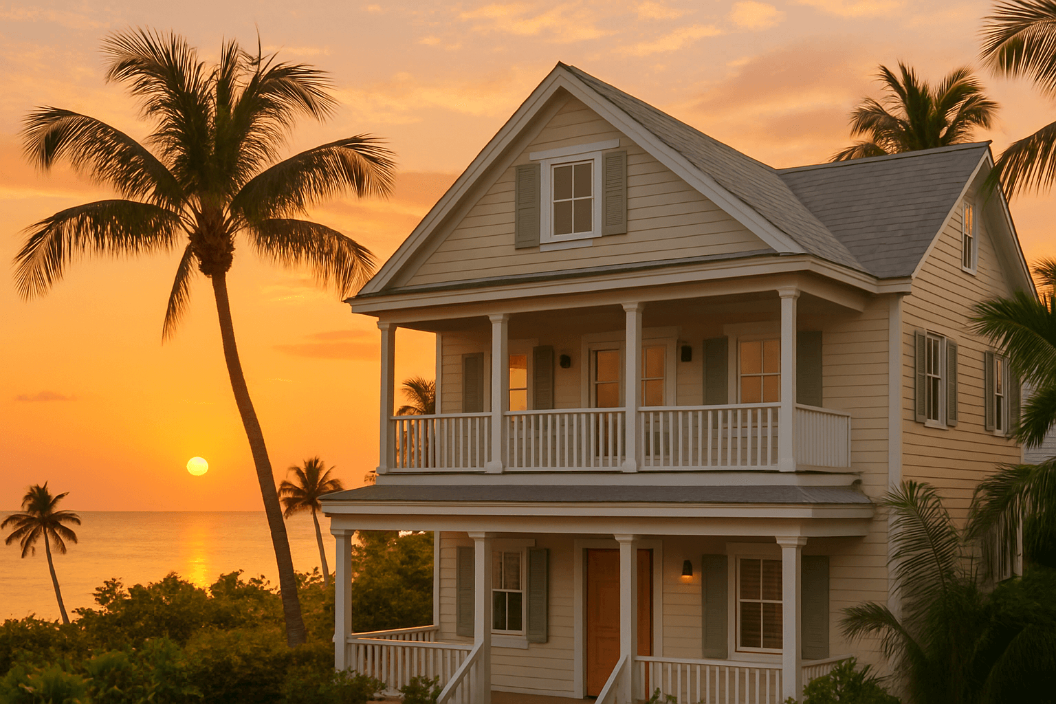 Illustration representing Key West sunset, real estate, beautiful home, island lifestyle
