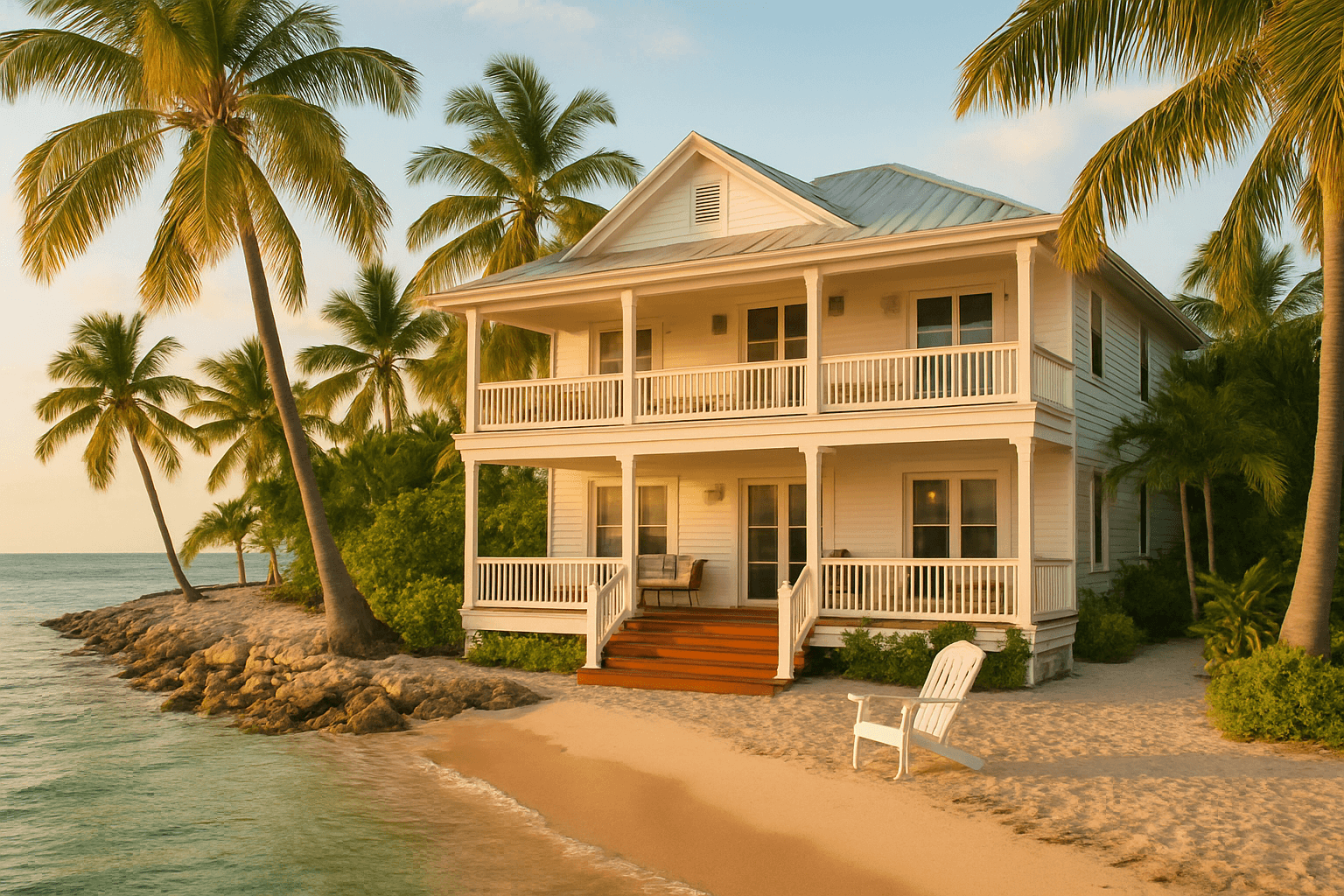 Illustration of a Key West-style waterfront home beside the ocean