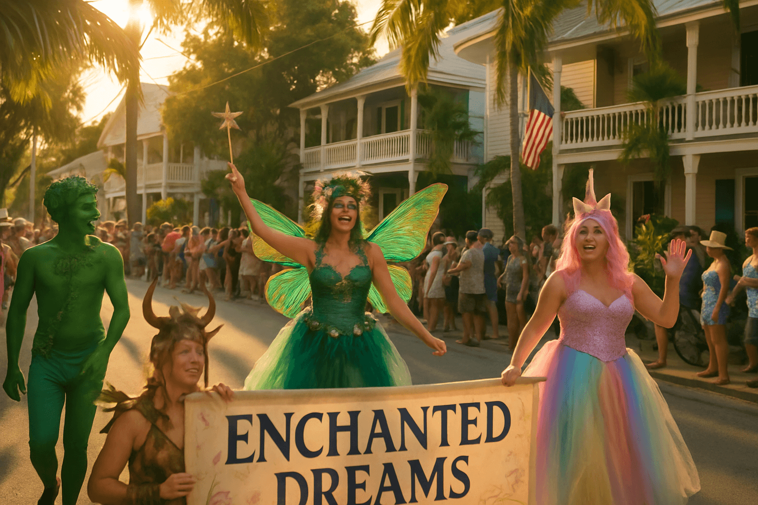 Illustration representing Fantasy Fest parade, Key West costumes, Enchanted Dreams theme, local festivities