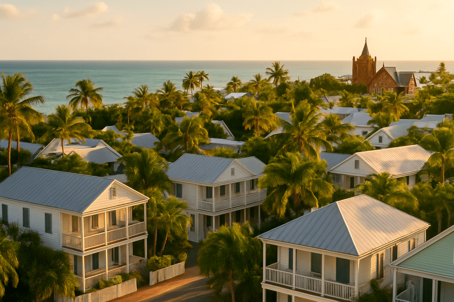 Illustration of coastal Key West residences near the Atlantic Ocean